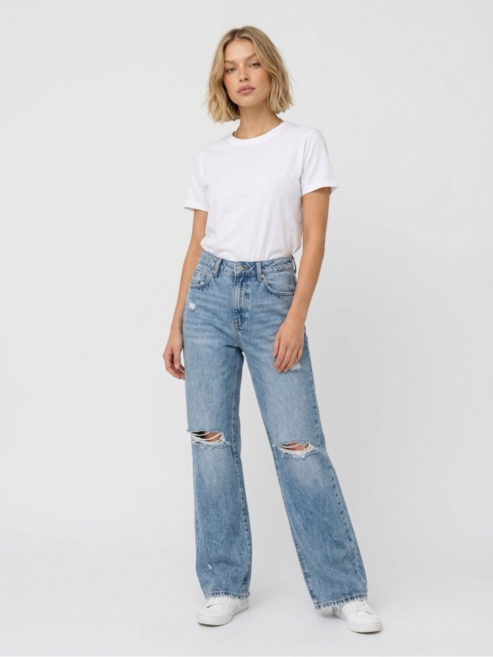 Garage High-Rise Distressed Wide-Leg Jeans in Light Blue
